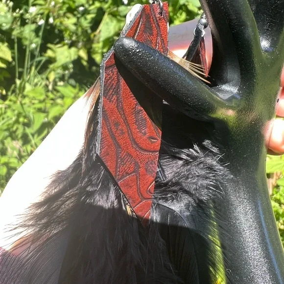 Black Feather Leather Sea Shell Statement Earrings - Picture 10 of 11